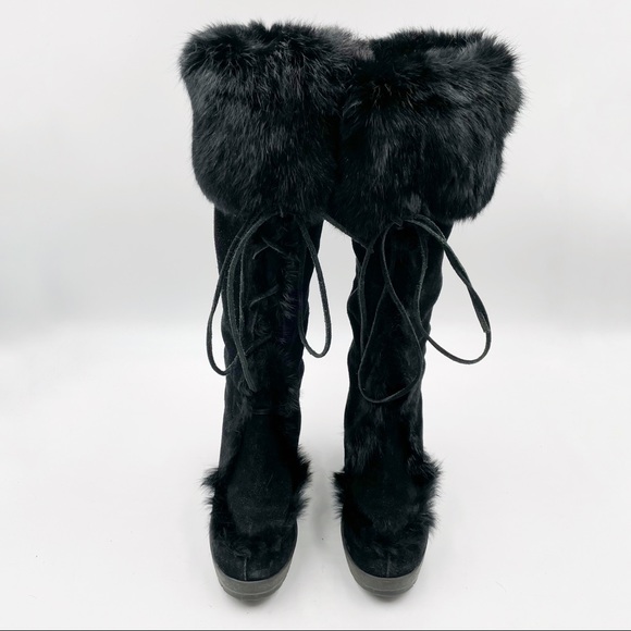 SOLD-Coach Karita Black Wedge Boots Suede Leather Rabbit Fur Knee Heels - Picture 3 of 11